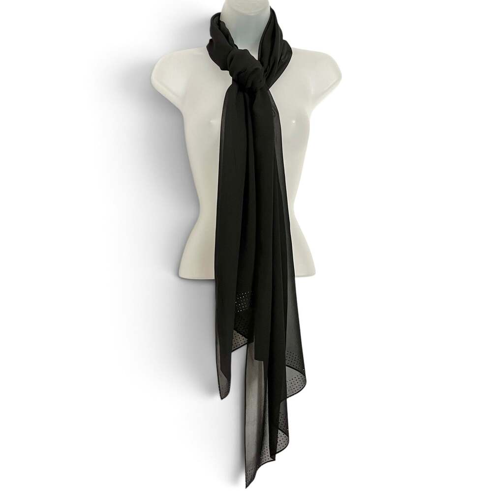 St John Black Silk Chiffon Shimmering Embellished Trim Long Formal Scarf Wrap